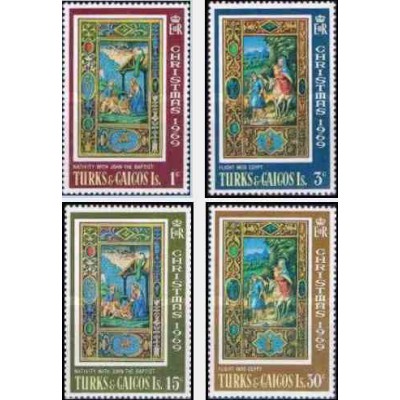 4 عدد تمبر کریستمس - صحنه هایی از کتاب ساعتها  - جزایر ترکها و کایکو 1969