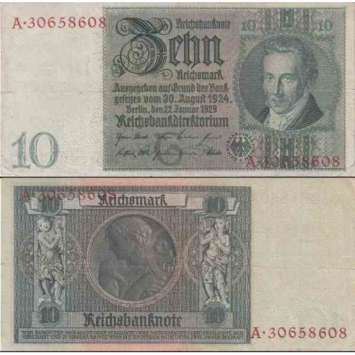اسکناس 10 رایش مارک -رایش آلمان 1929 حرف زیر چاپی G - کیفیت مطابق عکس