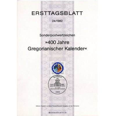 برگه اولین روز انتشار تمبر چهارصدمین سالگرد تقویم میلادی - جمهوری فدرال آلمان 1982