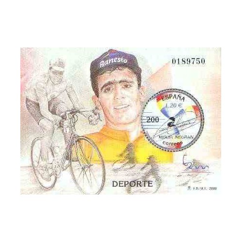 سونیرشیت نمایشگاه بین المللی تمبر  مادرید  2000 - میگوئل ایندورین قهرمان دوچرخه سواری - اسپانیا 2000