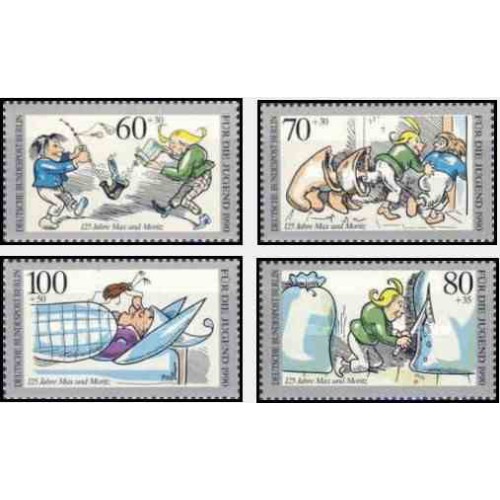 4 عدد تمبر رفاه اجتماعی - 125 سالگی کارتون مکس و موریتز - برلین آلمان 1990 قیمت 10.5 دلار