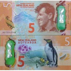 اسکناس پلیمر 5 دلار - تصویر ادموند هیلاری نخستین فاتح اورست - نیوزلند 2015