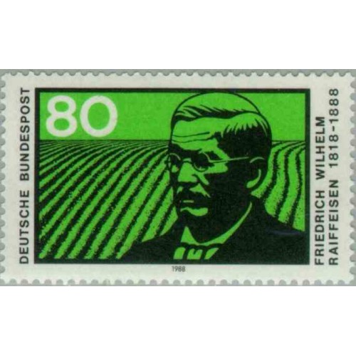 1 عدد تمبر یادبود فردریش ویلهلم رایفیزن - موسس بانک پس انداز - جمهوری فدرال آلمان 1988