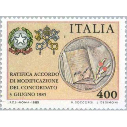 1 عدد تمبر تصویب قرارداد جدید با واتیکان - ایتالیا 1985 قیمت  2.4 دلار