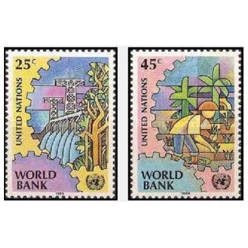 2 عدد تمبر بانک جهانی - نیویورک سازمان ملل 1989 قیمت 1.8 دلار
