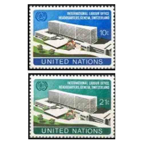 2 عدد تمبر ساختمان جدید سازمان بین المللی کار - نیویورک سازمان ملل 1974