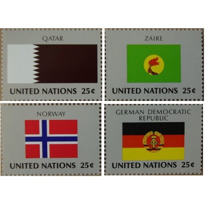 4 عدد  تمبر پرچم های کشورهای عضو سازمان ملل -قطر زئیر نروژ آلمان دموکراتیک  - نیویورک سازمان ملل 1988