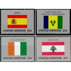 4 عدد  تمبر پرچم های کشورهای عضو سازمان ملل - اسپانیا سنت وینسنت شاخ آفریق لبنان - نیویورک سازمان ملل 1988