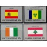 4 عدد  تمبر پرچم های کشورهای عضو سازمان ملل - اسپانیا سنت وینسنت شاخ آفریق لبنان - نیویورک سازمان ملل 1988