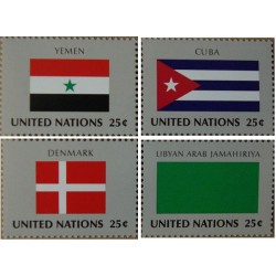 4 عدد  تمبر پرچم های کشورهای عضو سازمان ملل - یمن کوبا دانمارک لیبی- نیویورک سازمان ملل 1988