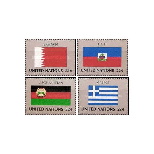 4 عدد  تمبر پرچم های کشورهای عضو سازمان ملل - بحرین هائیتی افغانستان یونان - نیویورک سازمان ملل 1987