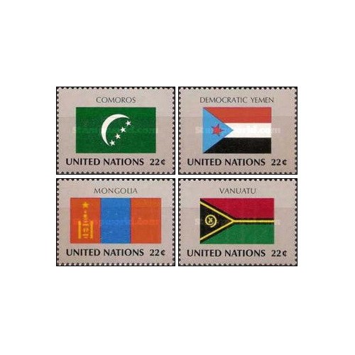 4 عدد  تمبر پرچم های کشورهای عضو سازمان ملل - کومور یمن مغولستان وانوتو - نیویورک سازمان ملل 1987