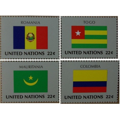 4 عدد  تمبر پرچم های کشورهای عضو سازمان ملل - رومانی توگو موریتانی کلمبیا - نیویورک سازمان ملل 1986