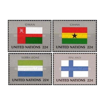4 عدد  تمبر پرچم های کشورهای عضو سازمان ملل - عمان غنا سیرالئون فنلاند - نیویورک سازمان ملل 1985