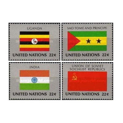 4 عدد  تمبر پرچم های کشورهای عضو سازمان ملل - اوگاندا سائوتام هند شوروی - نیویورک سازمان ملل 1985