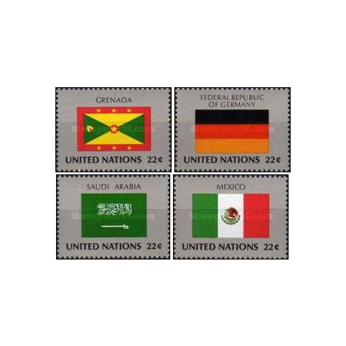 4 عدد  تمبر پرچم های کشورهای عضو سازمان ملل - گرانادا آلمان عربستان مکزیک - نیویورک سازمان ملل 1985