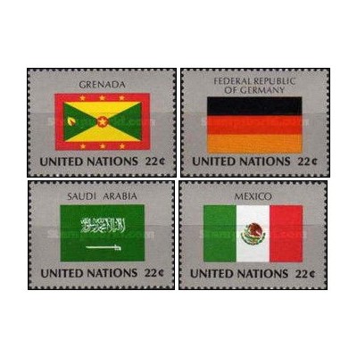 4 عدد  تمبر پرچم های کشورهای عضو سازمان ملل - گرانادا آلمان عربستان مکزیک - نیویورک سازمان ملل 1985
