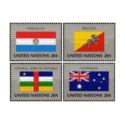 4 عدد  تمبر پرچم های کشورهای عضو سازمان ملل - پاراگوئه بوتان جمهوری آفریقای مرکزی استرالیا - نیویورک سازمان ملل 1984