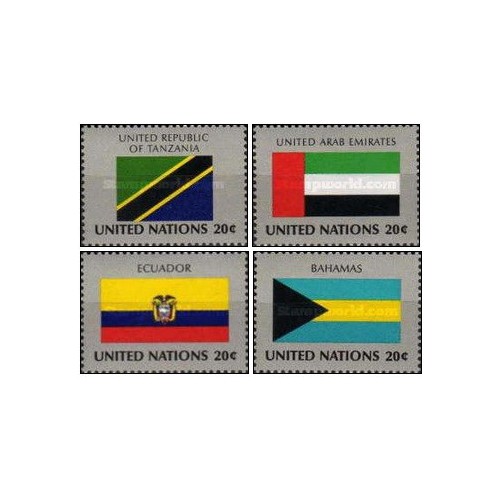 4 عدد  تمبر پرچم های کشورهای عضو سازمان ملل - تانزانیا امارات اکوادور باهاماس - نیویورک سازمان ملل 1984