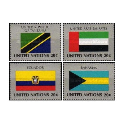 4 عدد  تمبر پرچم های کشورهای عضو سازمان ملل - تانزانیا امارات اکوادور باهاماس - نیویورک سازمان ملل 1984