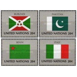 4 عدد  تمبر پرچم های کشورهای عضو سازمان ملل - بروندی پاکستان بنین ایتالیا - نیویورک سازمان ملل 1984