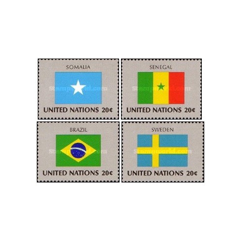 4 عدد  تمبر پرچم های کشورهای عضو سازمان ملل - سومالی سنگال برزیل سوئد - نیویورک سازمان ملل 1983