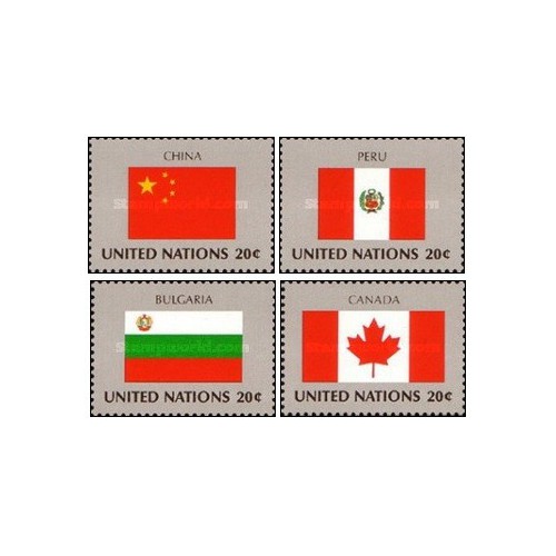 4 عدد  تمبر پرچم های کشورهای عضو سازمان ملل - چین پرو بلغارستان کانادا - نیویورک سازمان ملل 1983