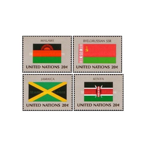 4 عدد  تمبر پرچم های کشورهای عضو سازمان ملل -مالاوی بلاروس جامائیکا کنیا - نیویورک سازمان ملل 1983