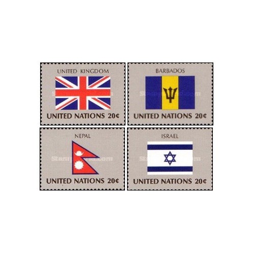 4 عدد  تمبر پرچم های کشورهای عضو سازمان ملل -انگلیس باربادوس نپال رژیم اشغالگر قدس - نیویورک سازمان ملل 1983