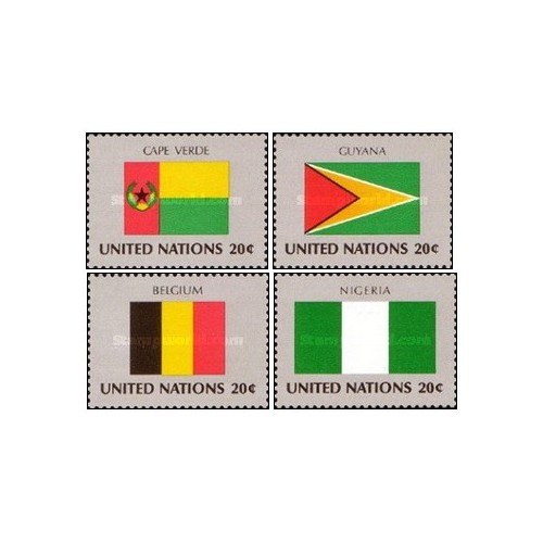 4 عدد  تمبر پرچم های کشورهای عضو سازمان ملل - کیپ ورد گویان بلژیک نیجریه - نیویورک سازمان ملل 1982
