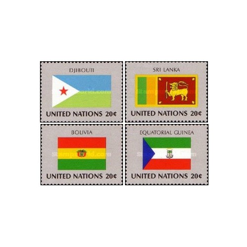 4 عدد  تمبر پرچم های کشورهای عضو سازمان ملل - جیبوتی سریلانکا بولیوی گینه استوایی - نیویورک سازمان ملل 1981