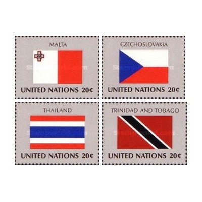 4 عدد  تمبر پرچم های کشورهای عضو سازمان ملل - مالت چک اسلواکی تایلند ترینیدادتوباگو- نیویورک سازمان ملل 1981