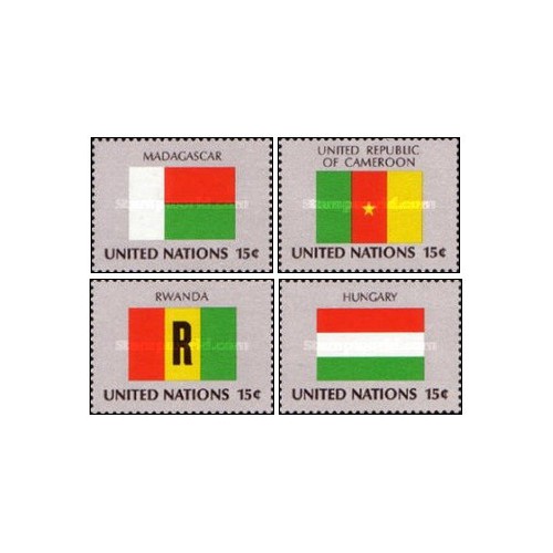 4 عدد  تمبر پرچم های کشورهای عضو سازمان ملل - ماداگاسکار کامرون رواندا مجارستان- نیویورک سازمان ملل 1980
