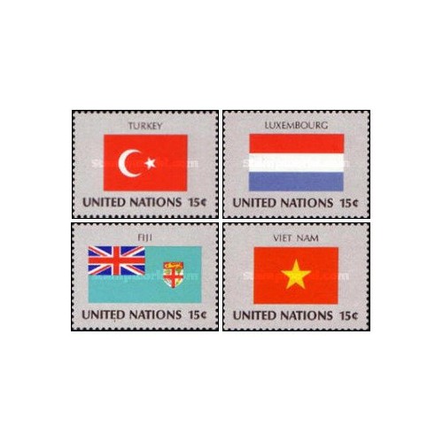 4 عدد  تمبر پرچم های کشورهای عضو سازمان ملل - ترکیه،لوگزامبورگ،فیجی،وینام - نیویورک سازمان ملل 1980