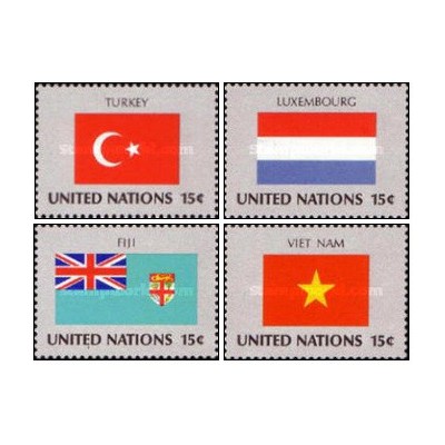 4 عدد  تمبر پرچم های کشورهای عضو سازمان ملل - ترکیه،لوگزامبورگ،فیجی،وینام - نیویورک سازمان ملل 1980