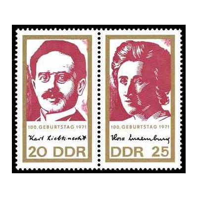 2 عدد تمبر یادبود کارل لیبنچ و روزا لوگزامبورگ - سیاستمدار - جمهوری دموکراتیک آلمان 1971