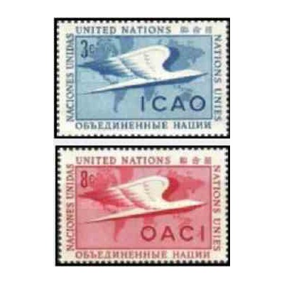 2 عدد تمبر سازمان بین المللی هواپیمائی غیر نظامی - ایکائو  - نیویورک سازمان ملل 1955 قیمت 5 دلار