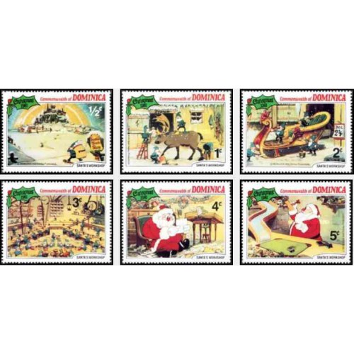 6 رقم از 9 عدد تمبر کریستمس - صحنه هایی از کارتون کارگاه سانتا  - دومنیکا 1981