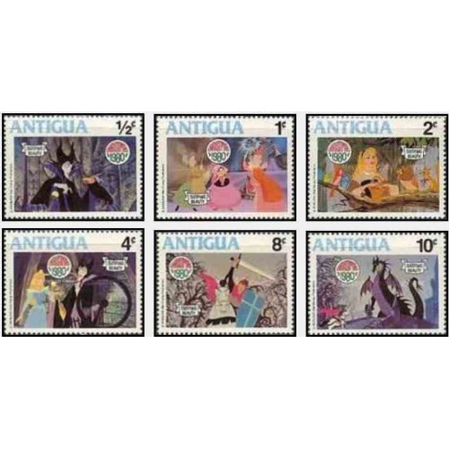 6 رقم از 9 عدد تمبر کریستمس - صحنه هایی از کارتون زیبای خفته  - آنتیگوا 1980