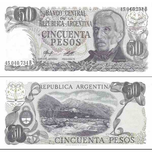 اسکناس 50 پزو - آرژانتین 1976 بدون نخ رنگی در کاغذ