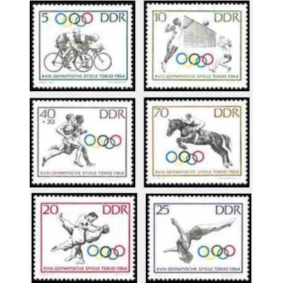 6 عدد تمبر بازیهای المپیک توکیو ژاپن  - جمهوری دموکراتیک آلمان 1964