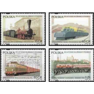 4 عدد تمبر 150 سالگی راه آهن لهستان - لهستان 1995