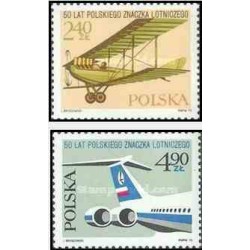 2 عدد تمبر پنجاهمین سالگرد تمبرهای پست هوائی لهستان - لهستان 1975