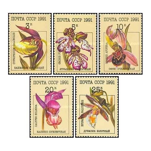 5 عدد  تمبر گلهای ارکیده - شوروی 1991