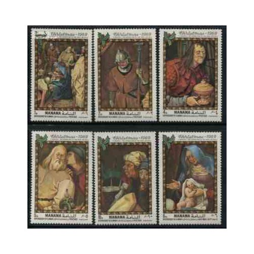 6 عدد تمبر کریستمس - نقاشی بزرگان اثر بروگل -   منامه 1969