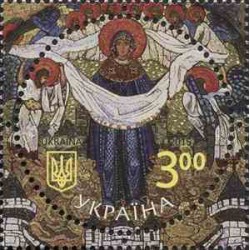 1 عدد تمبر شفاعت مریم مقدس - تمبر تابلو نقاشی - دایره ای شکل - اوکراین 2015