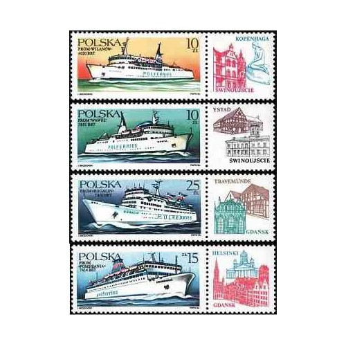4 عدد تمبر کشتی های دریای شرق - با تب - لهستان 1986