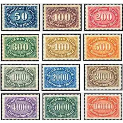 12 عدد تمبر سری پستی - رایش آلمان 1922 بعضی ارقام با شارنیه