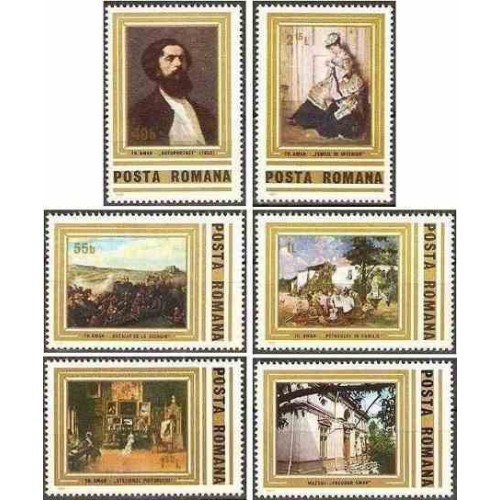 6 عدد تمبر تابلو نقاشی یادبود 150مین سال تولد تئودور آمان - رومانی 1981