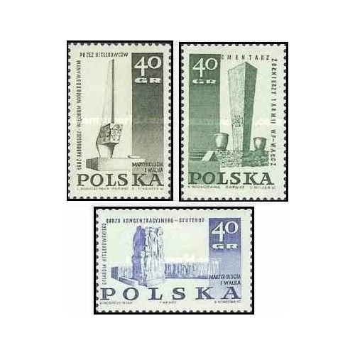 3 عدد تمبر بناهای یادبود قربانیان جنگ جهانی دوم  - لهستان 1967